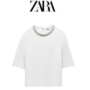 Zara White Top with Embellished Neckline